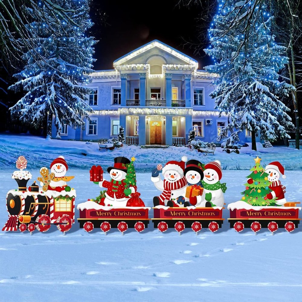 4 Pcs Christmas Decor Train Sign Gingerbread Santa Snowman Heart  with 8 Stakes